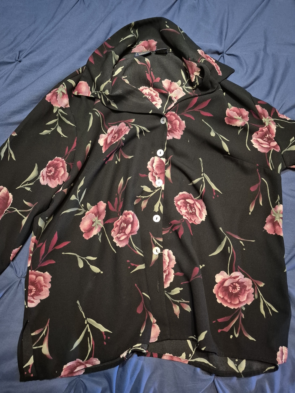Laura Scott Black Button-Down Shirt with Pink Floral Print